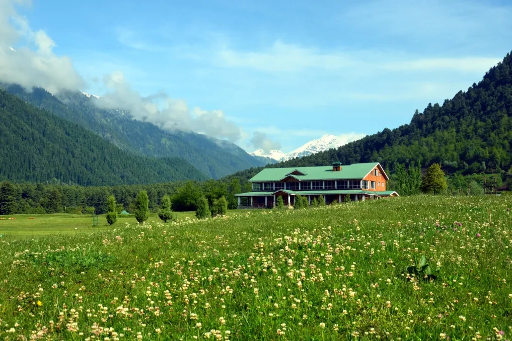 view of a small building near grassy field in pahalgam golf course