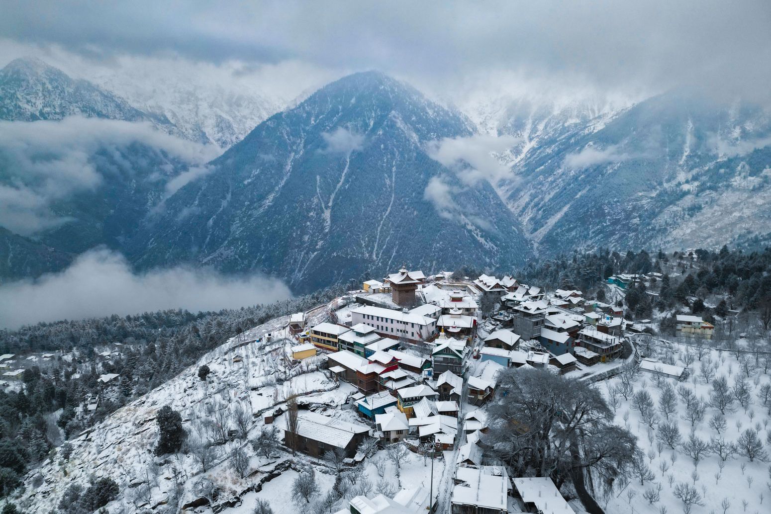 aerial view of snow covered village in spiti valley