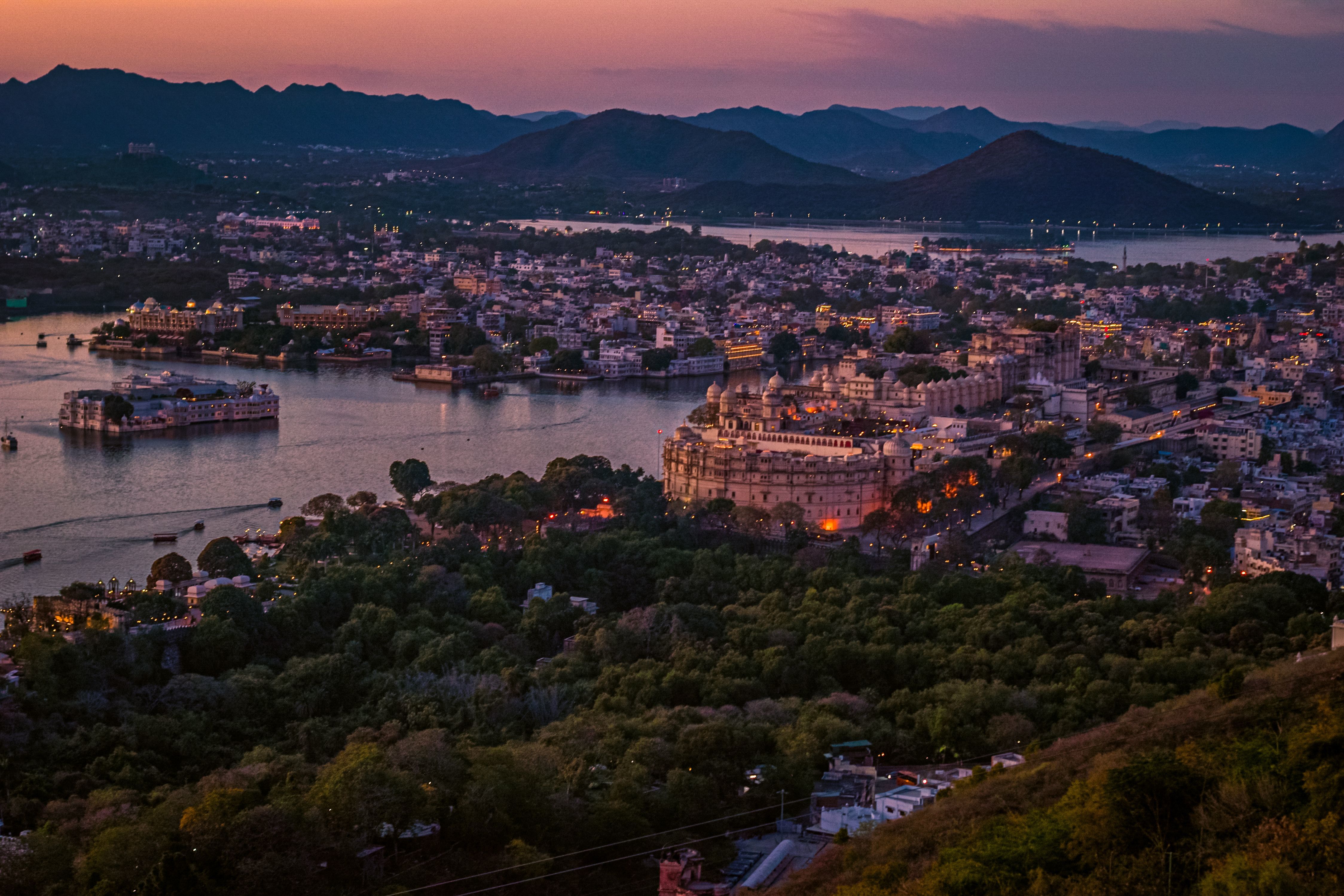 aerial view of the city of udaipur in india at sunset