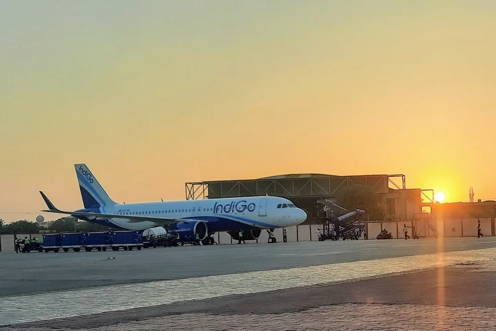 an aeroplan at jodhpur airport during daytime