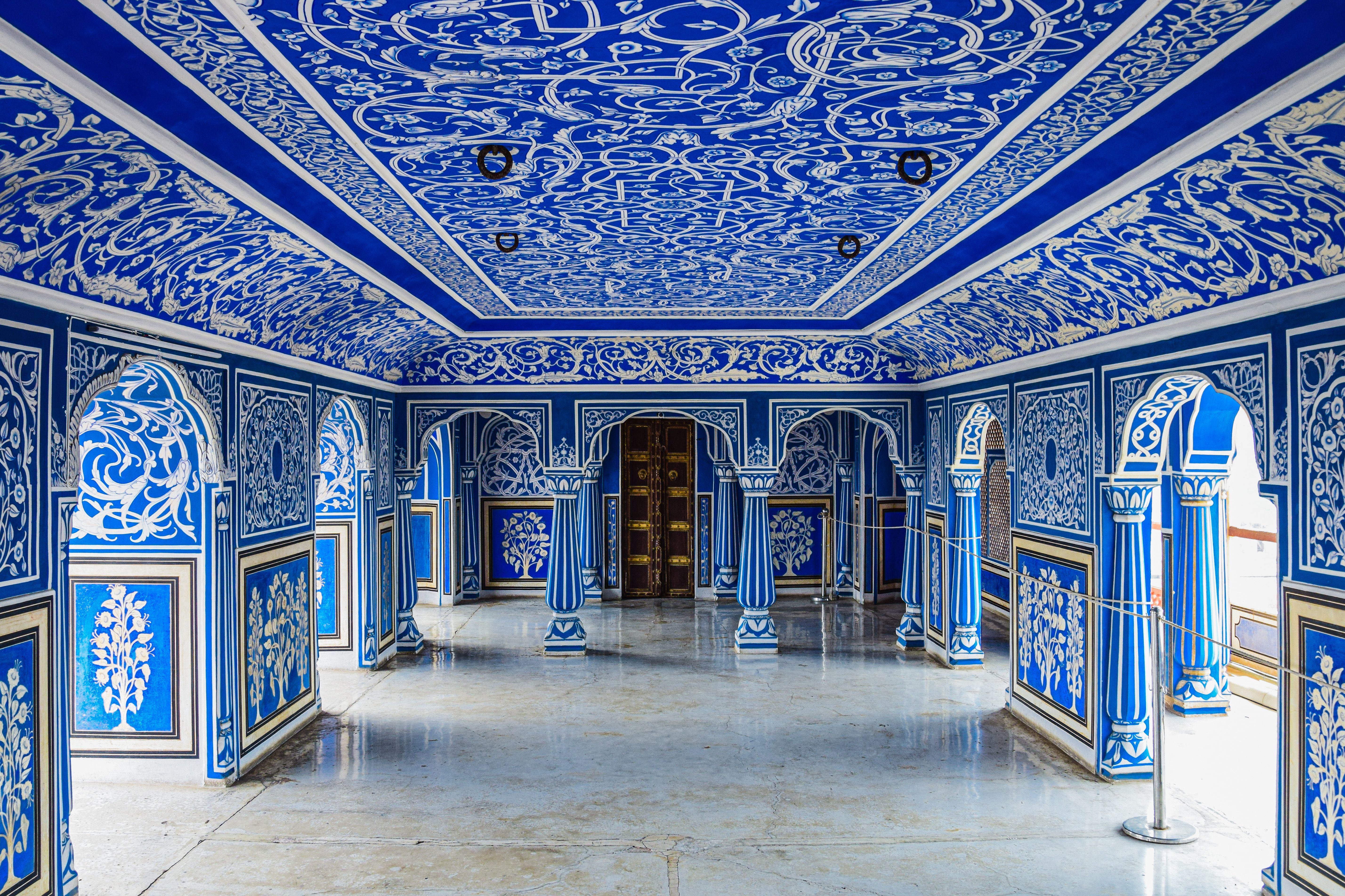blue mosaics in the city palace in jaipur