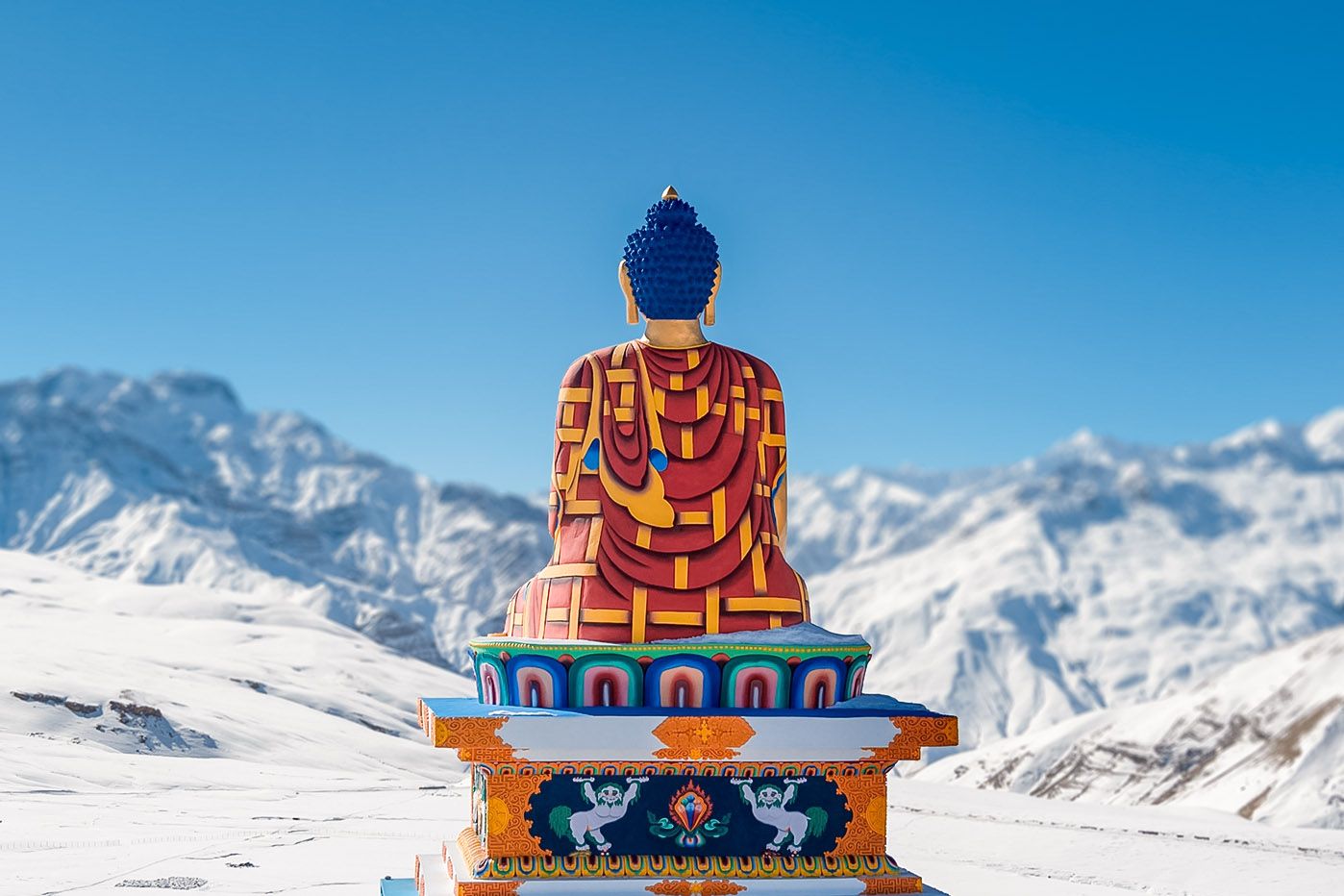 a giant buddha statue in langza village of spiti valley