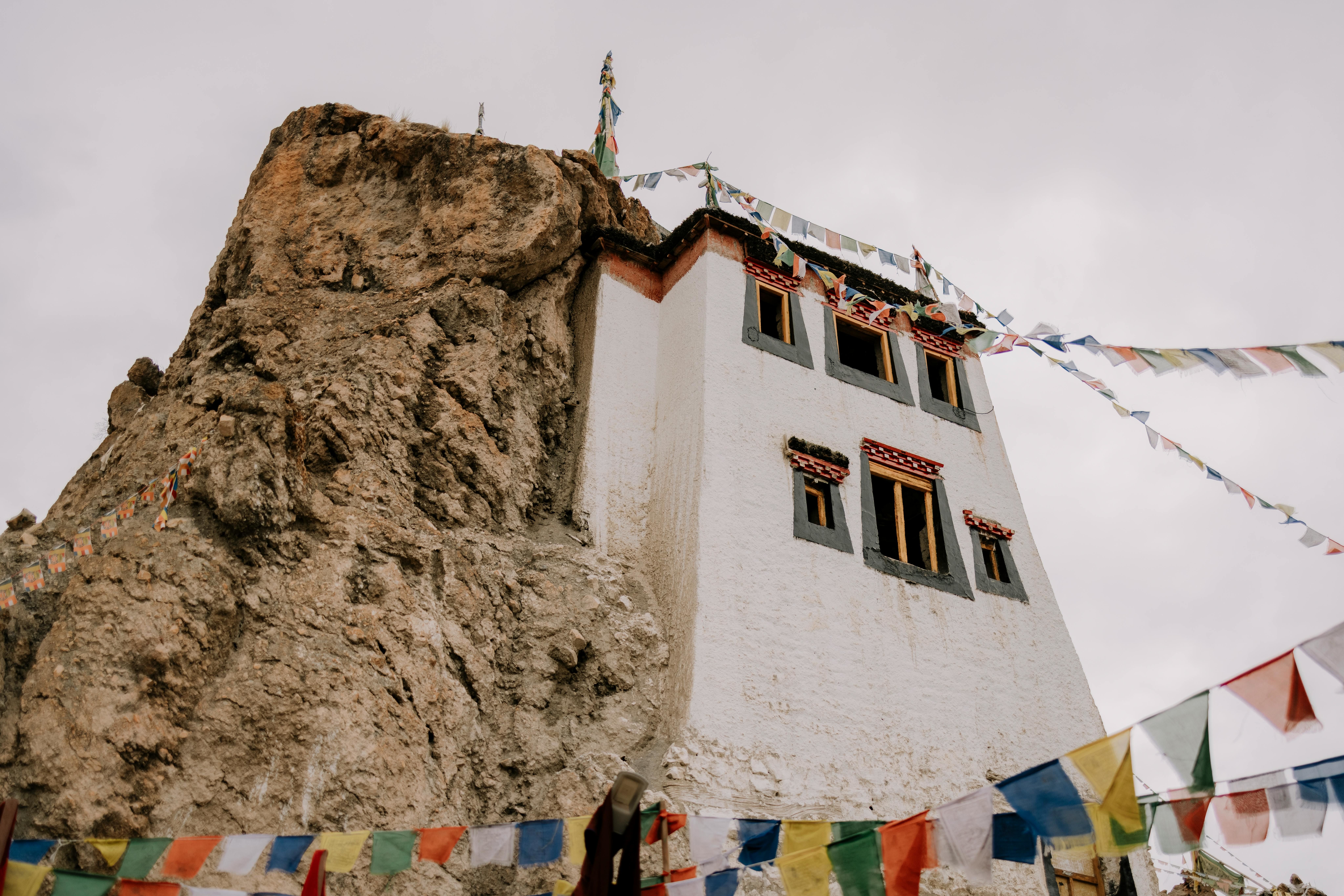 buddhist monastery with prayer flads in spiti valley