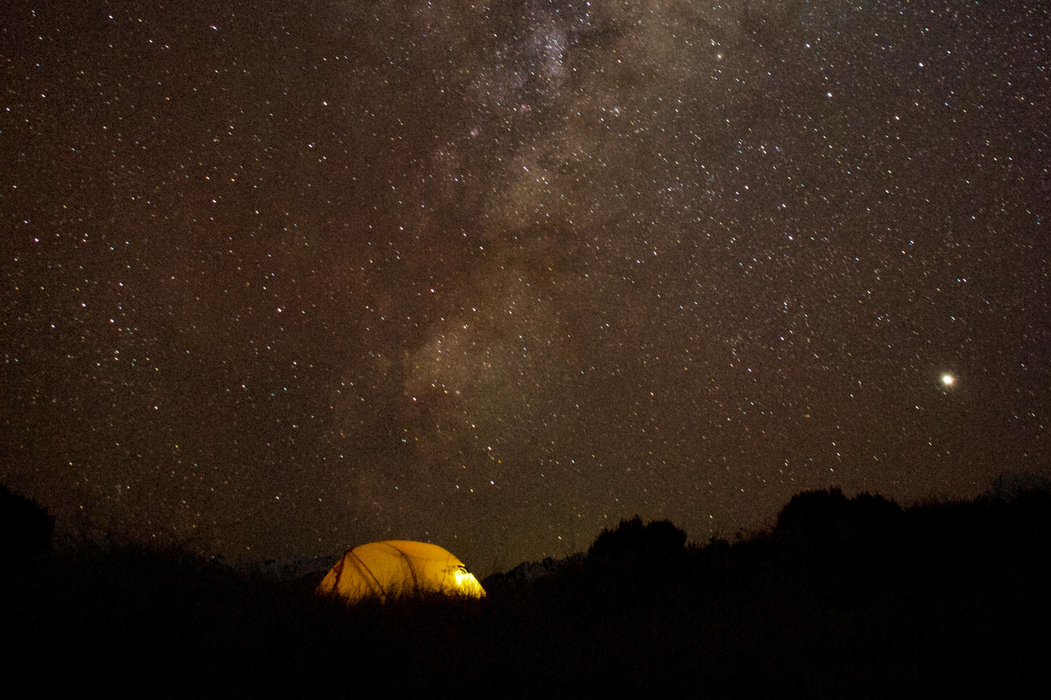 camping tent under starry night sky