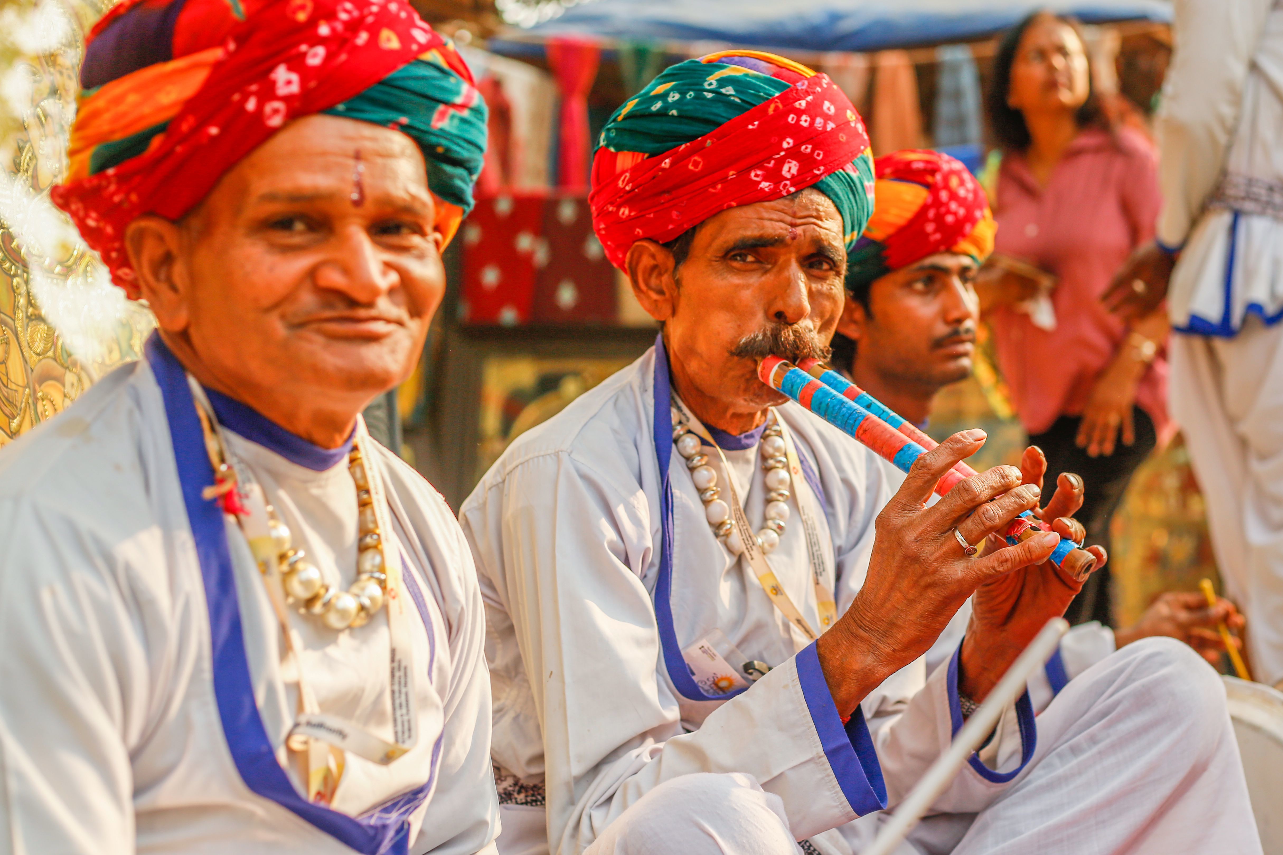 colorful rajasthani musicians in traditional rajasthani attire at a cultural festival
