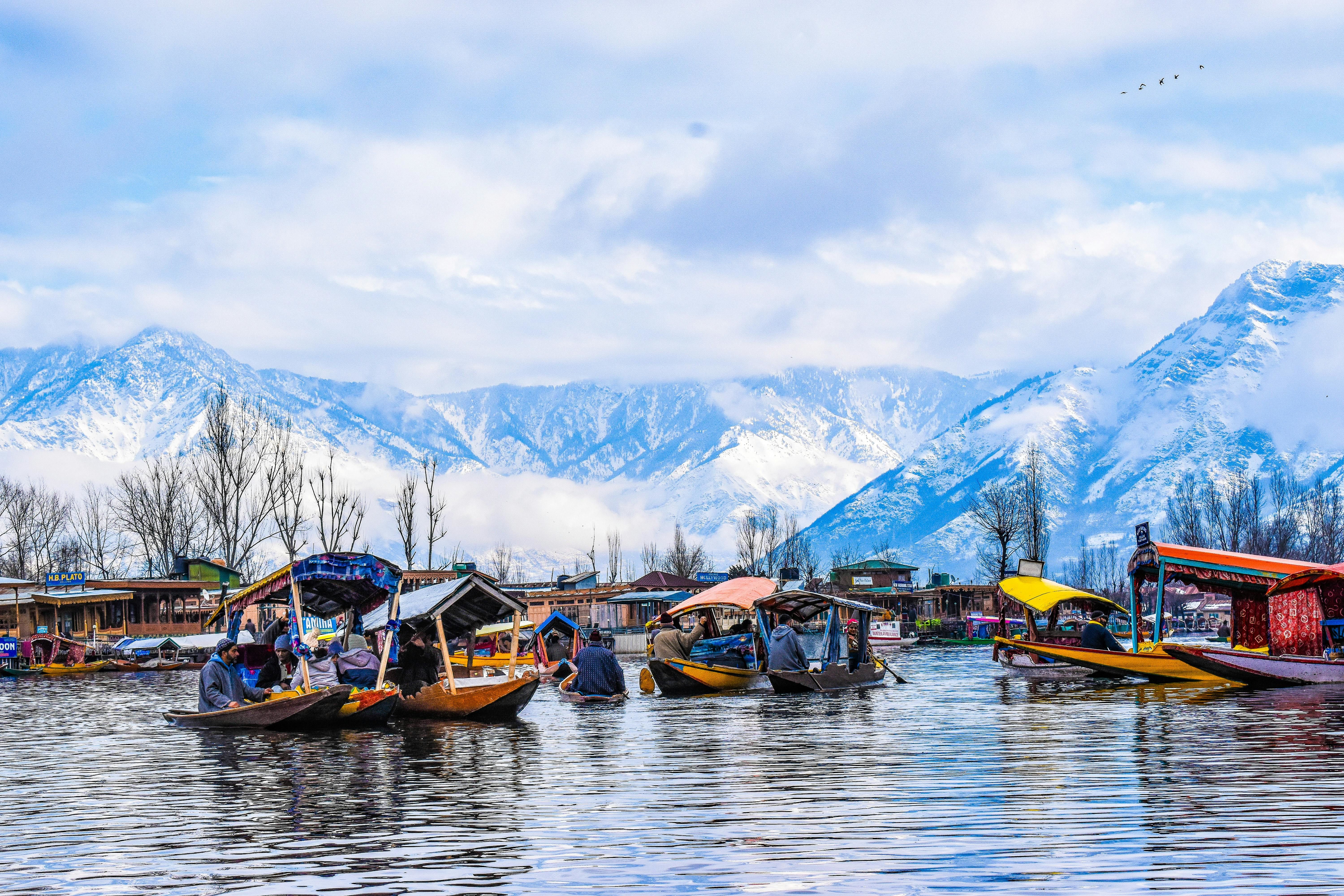 colorful shikara boats on dal lake in winter