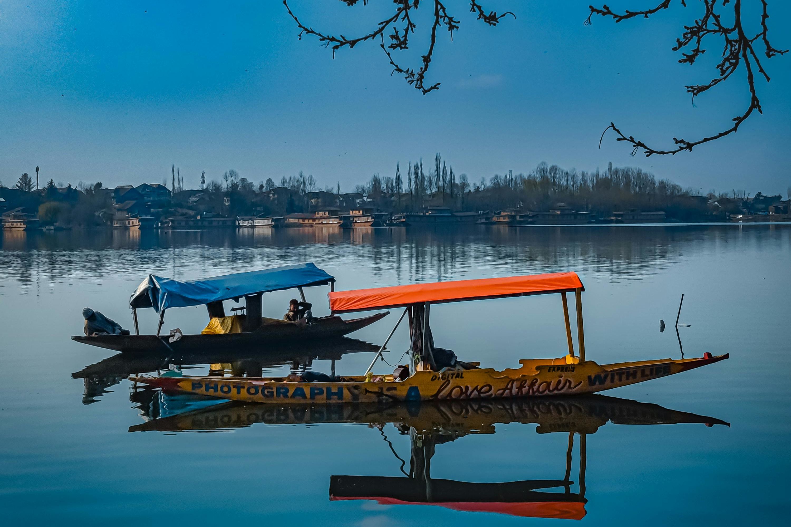 colorful shikara on a tranquil lake with trees