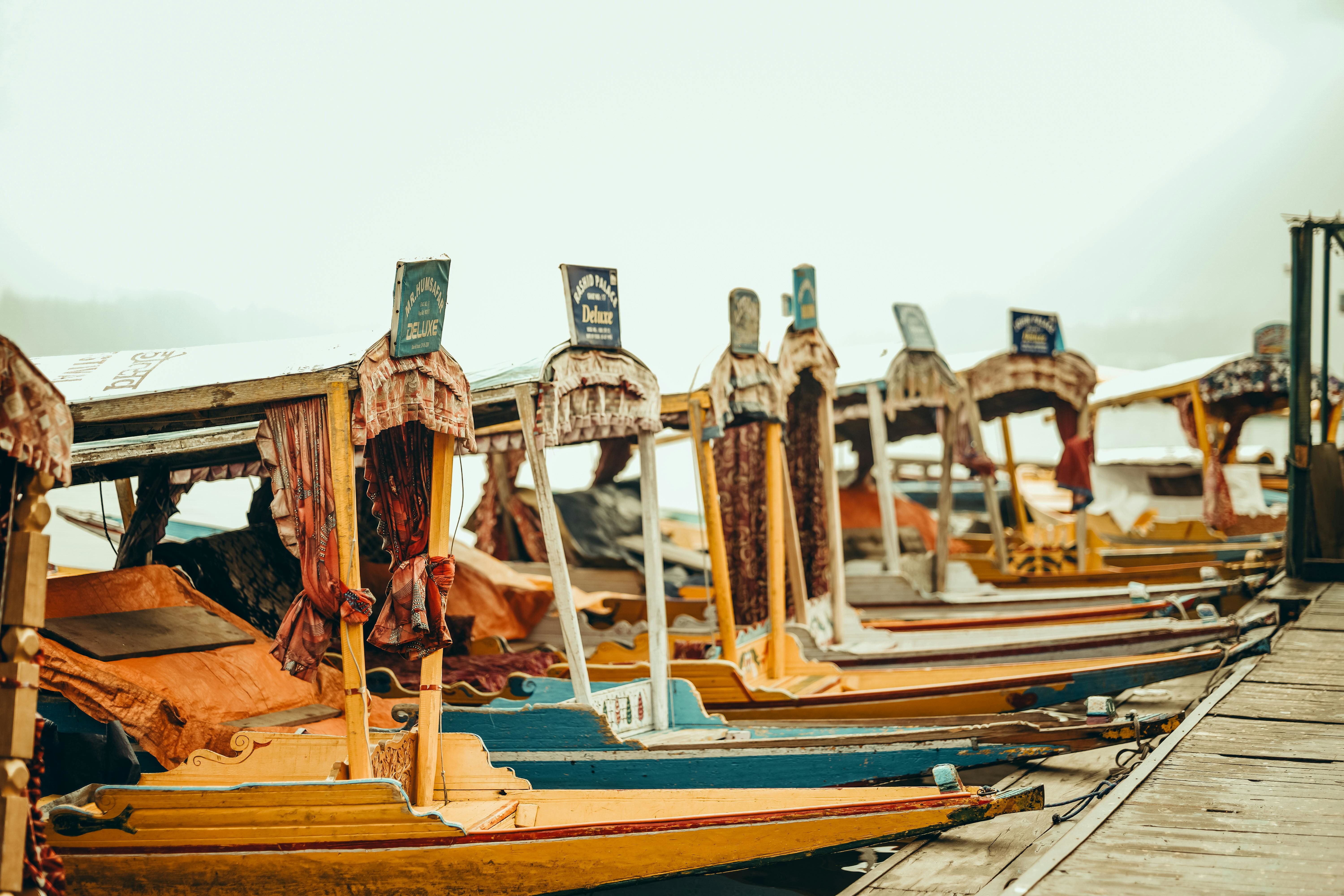 colorful shikaras lined up at dal lake in srinagar