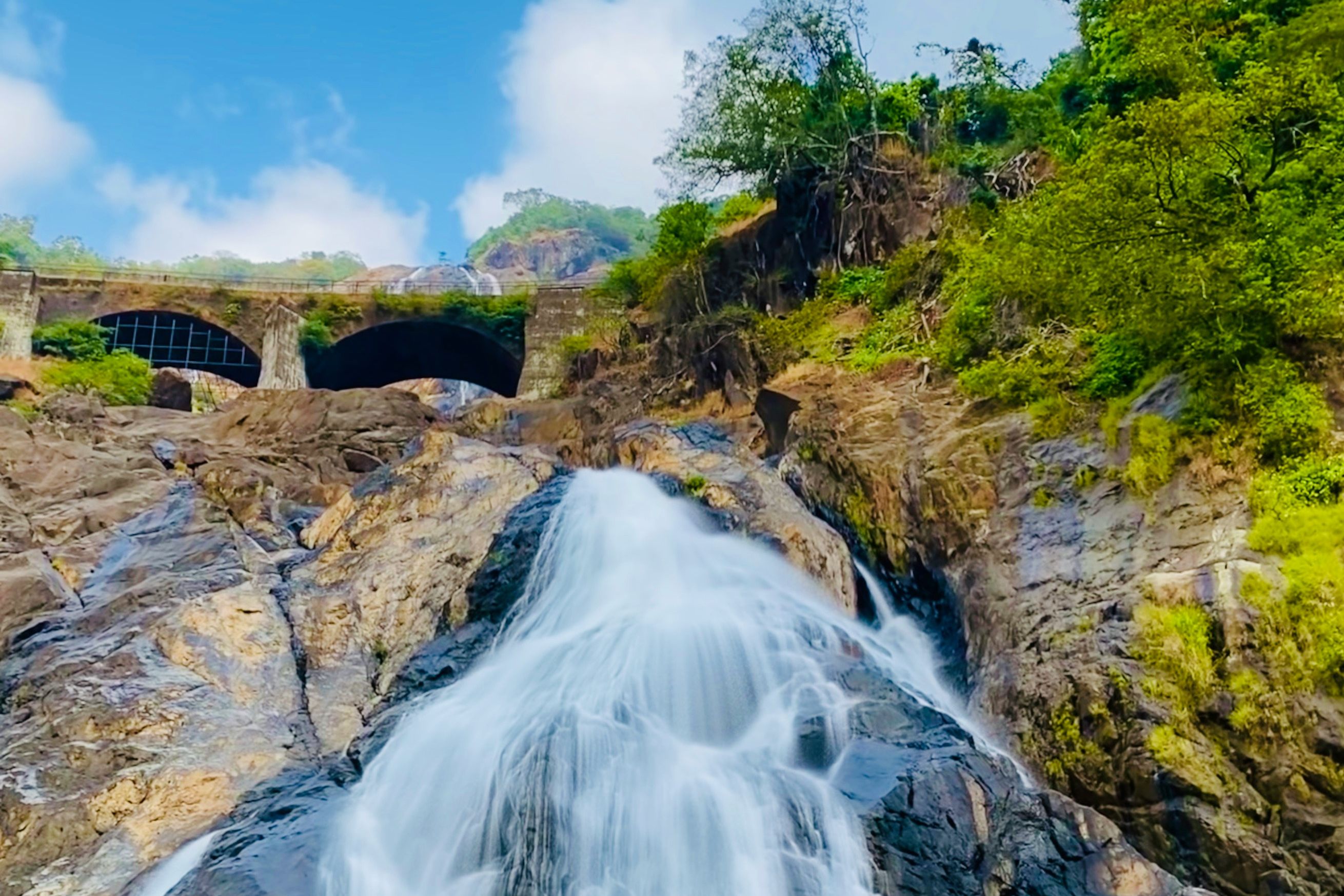 dudhsagar waterfalls near green trees under blue sky during daytime in south goa