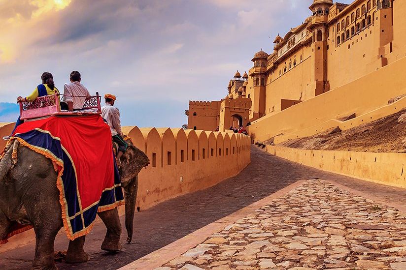 an elephant walking on stone pathway towards a fort in jaipur