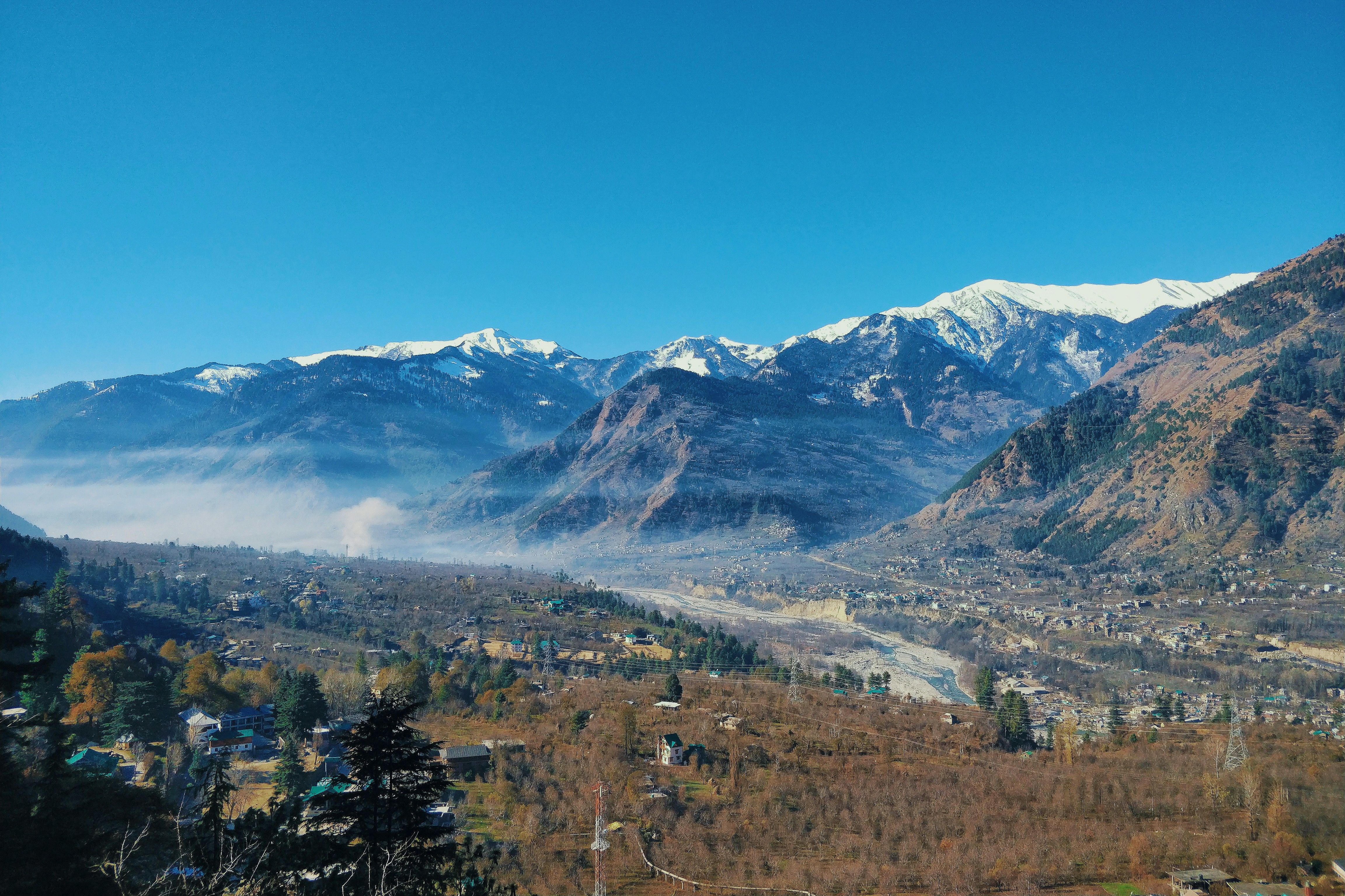 green trees at naggar town near snow covered mountains during daytime