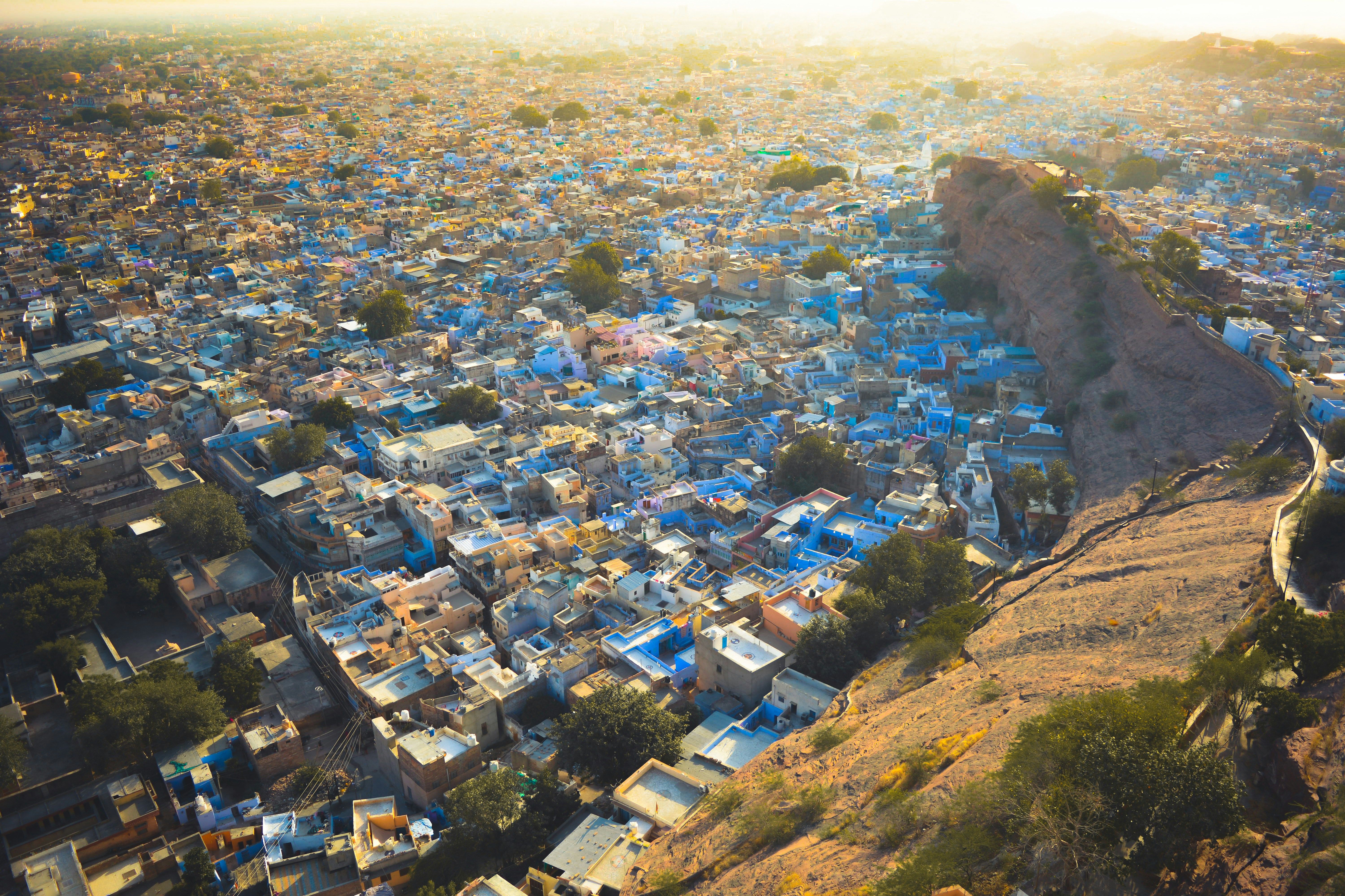 a high angle view of white and blue buildings in jodhpur
