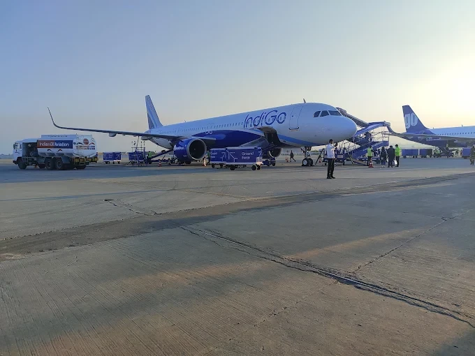 indigo aeroplane standing at srinagar international airport