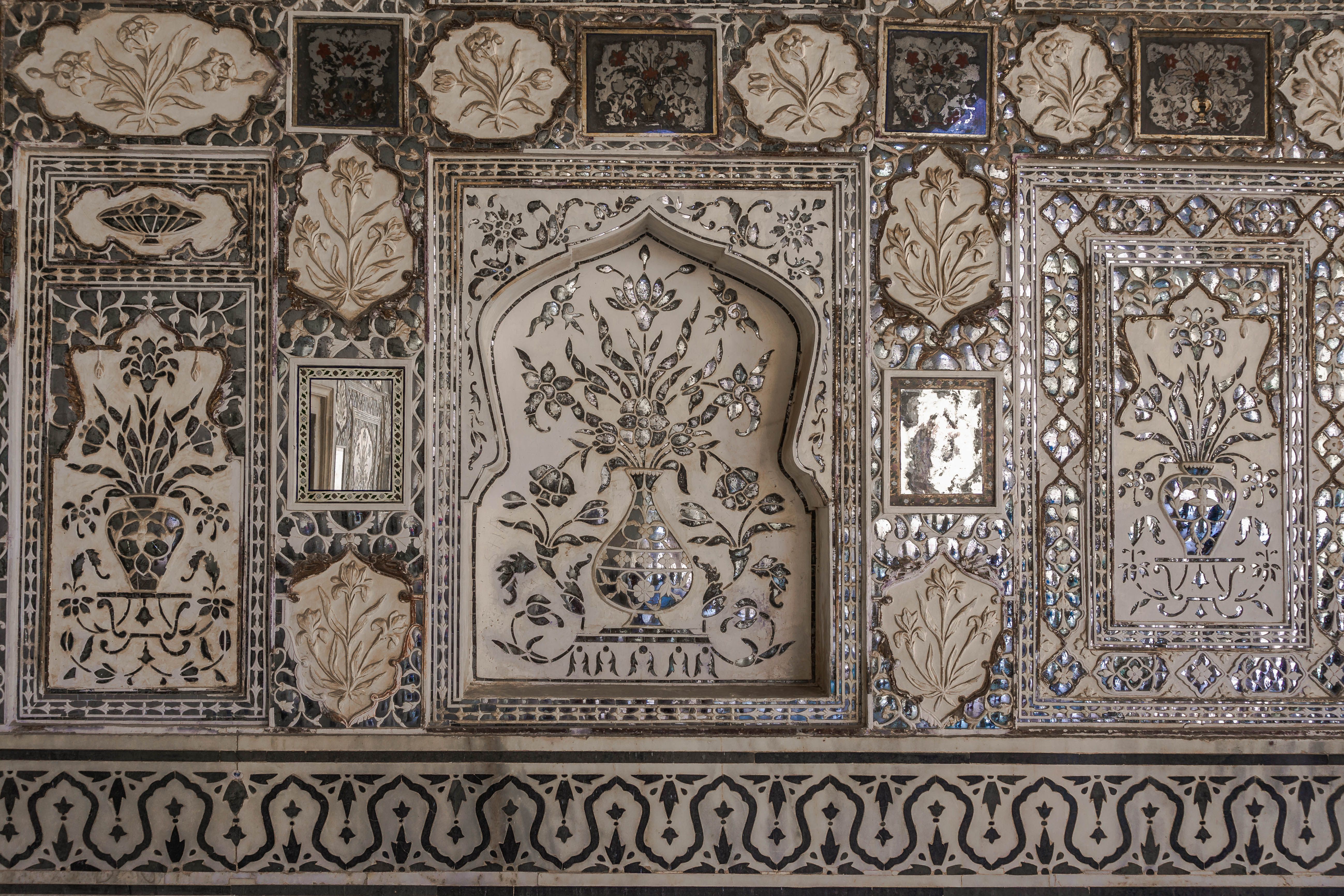 intricate mirror mosaic in seesh mahal at amber fort in jaipur