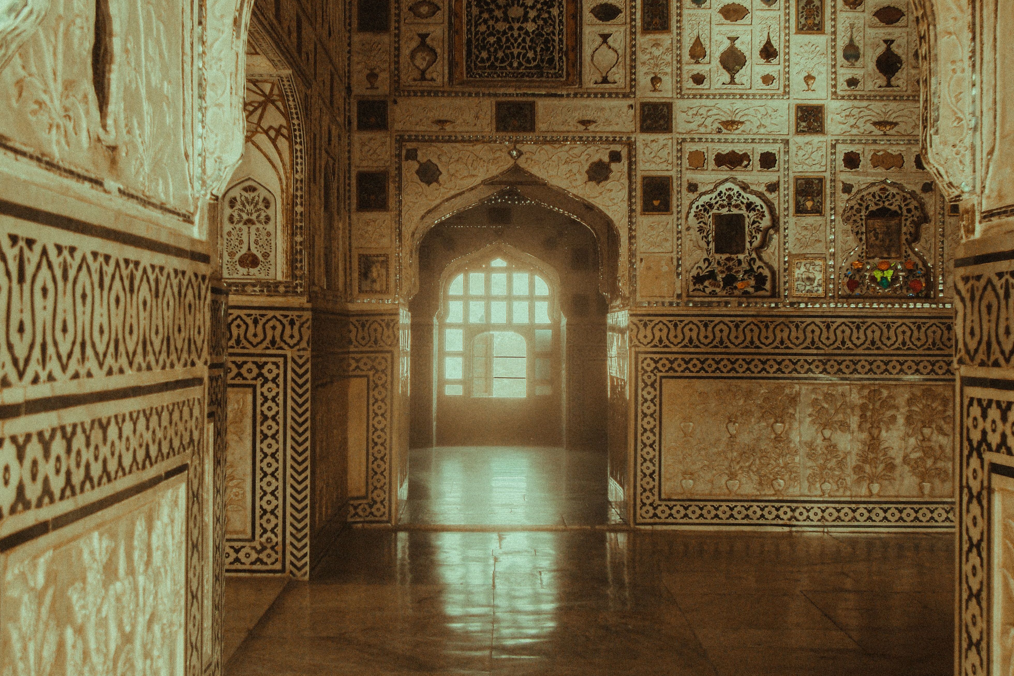 intricate mirror mosaic on the wall at seesh mahal at amber fort in jaipur