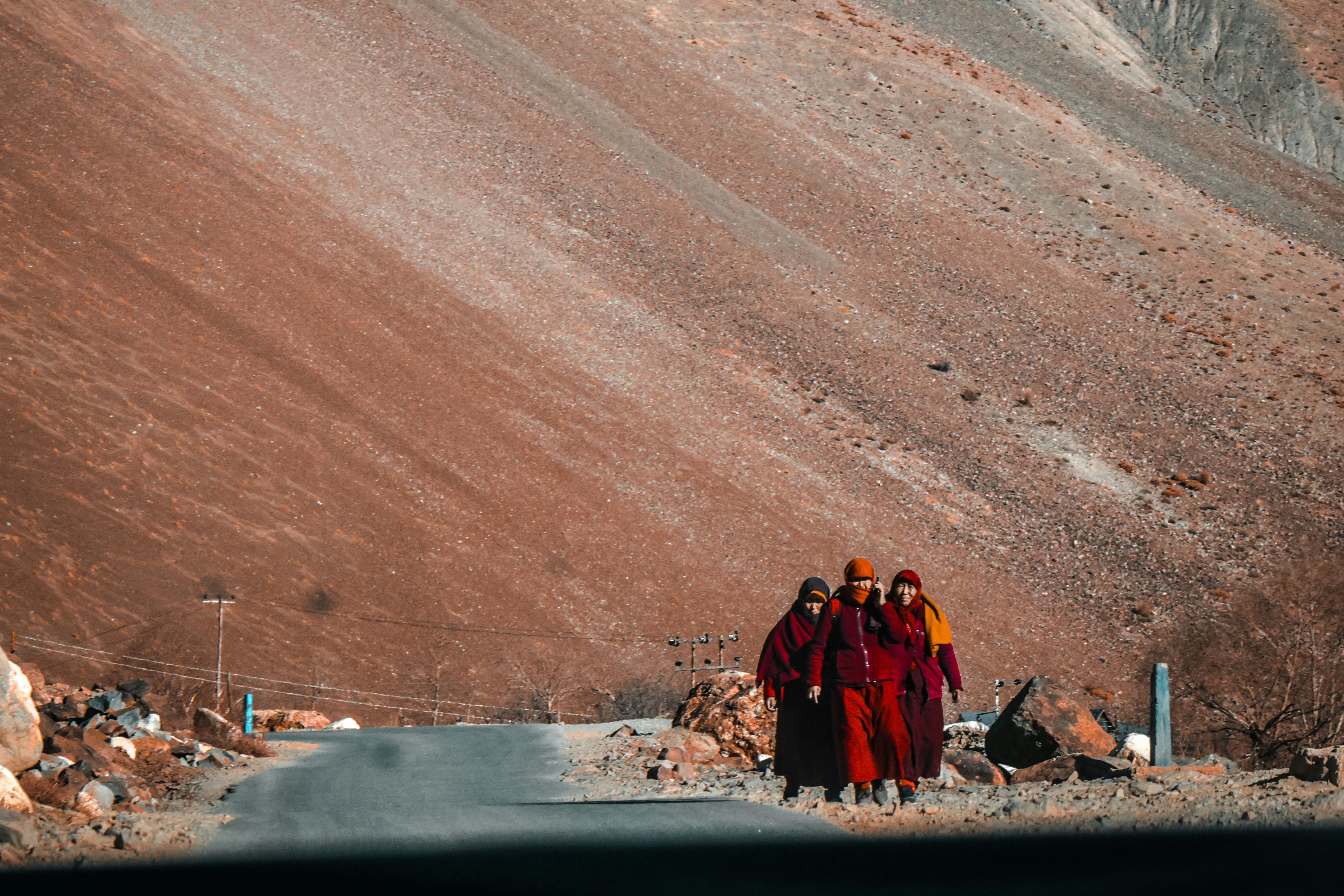 monks walking in spiti valley landscape beside a road with brown mountain in the background