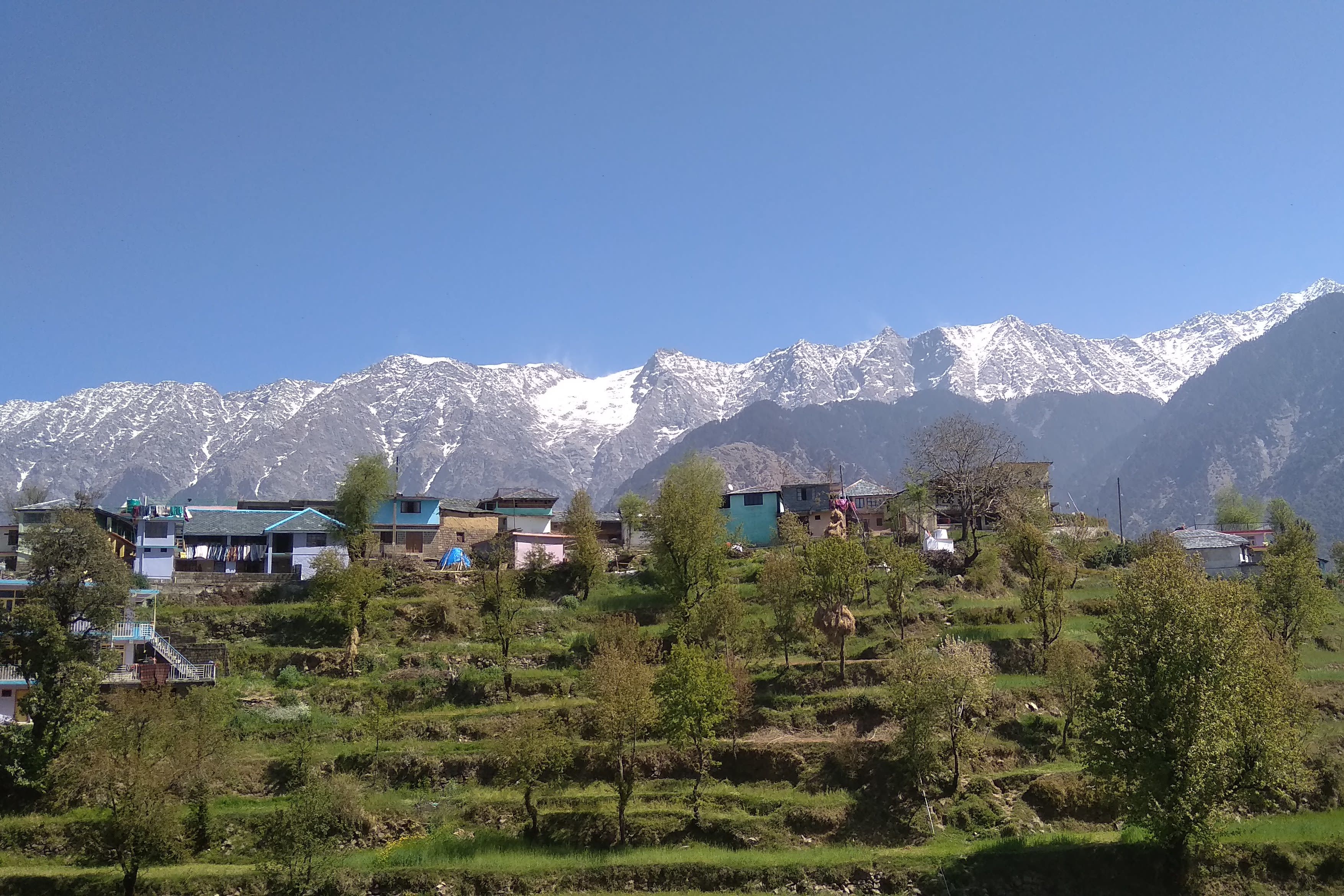 houses on hilltop surrounded by green fields with snow capped mountains in the backdrop