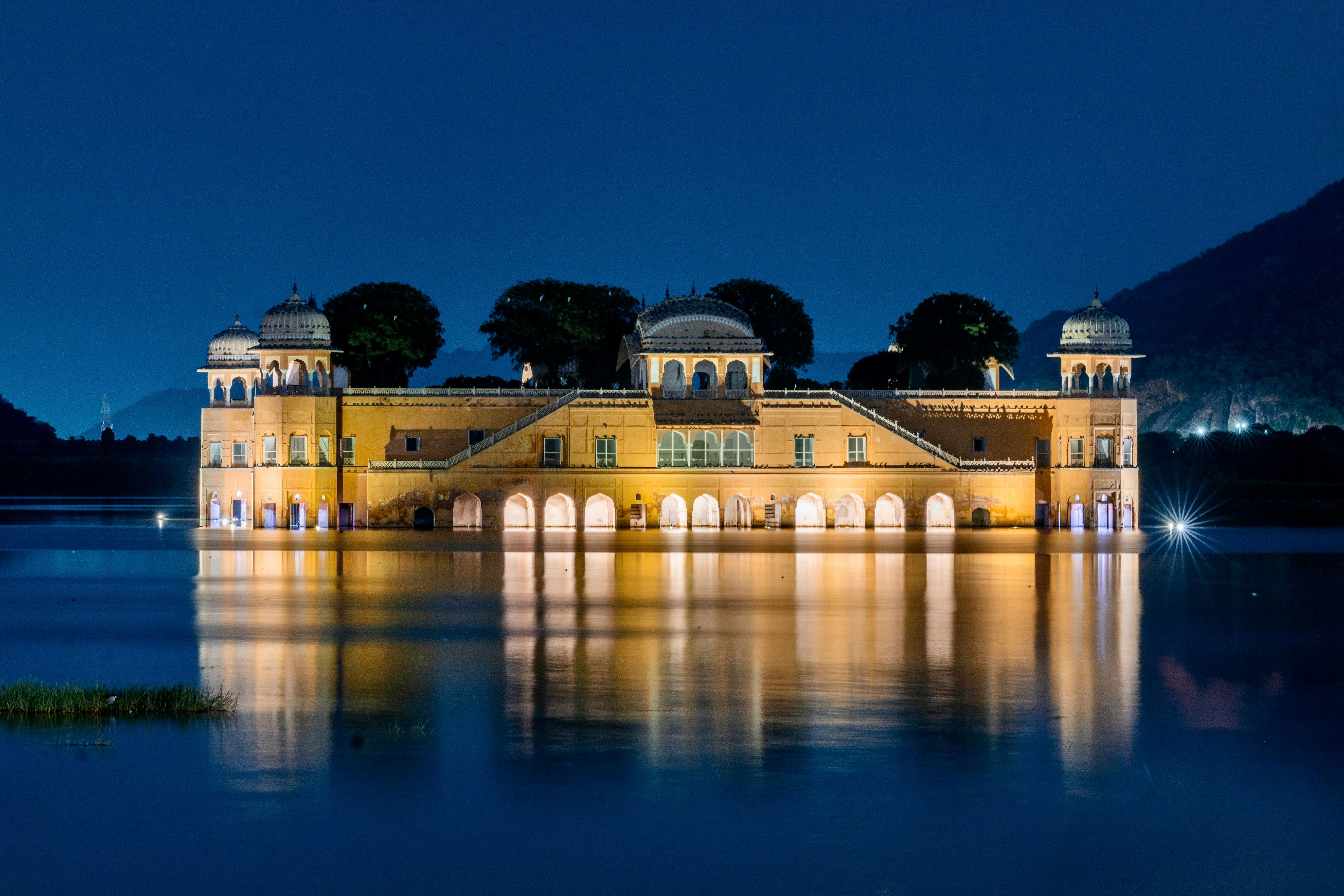 night view of the jal mahal palace in the man sagar lake in jaipur