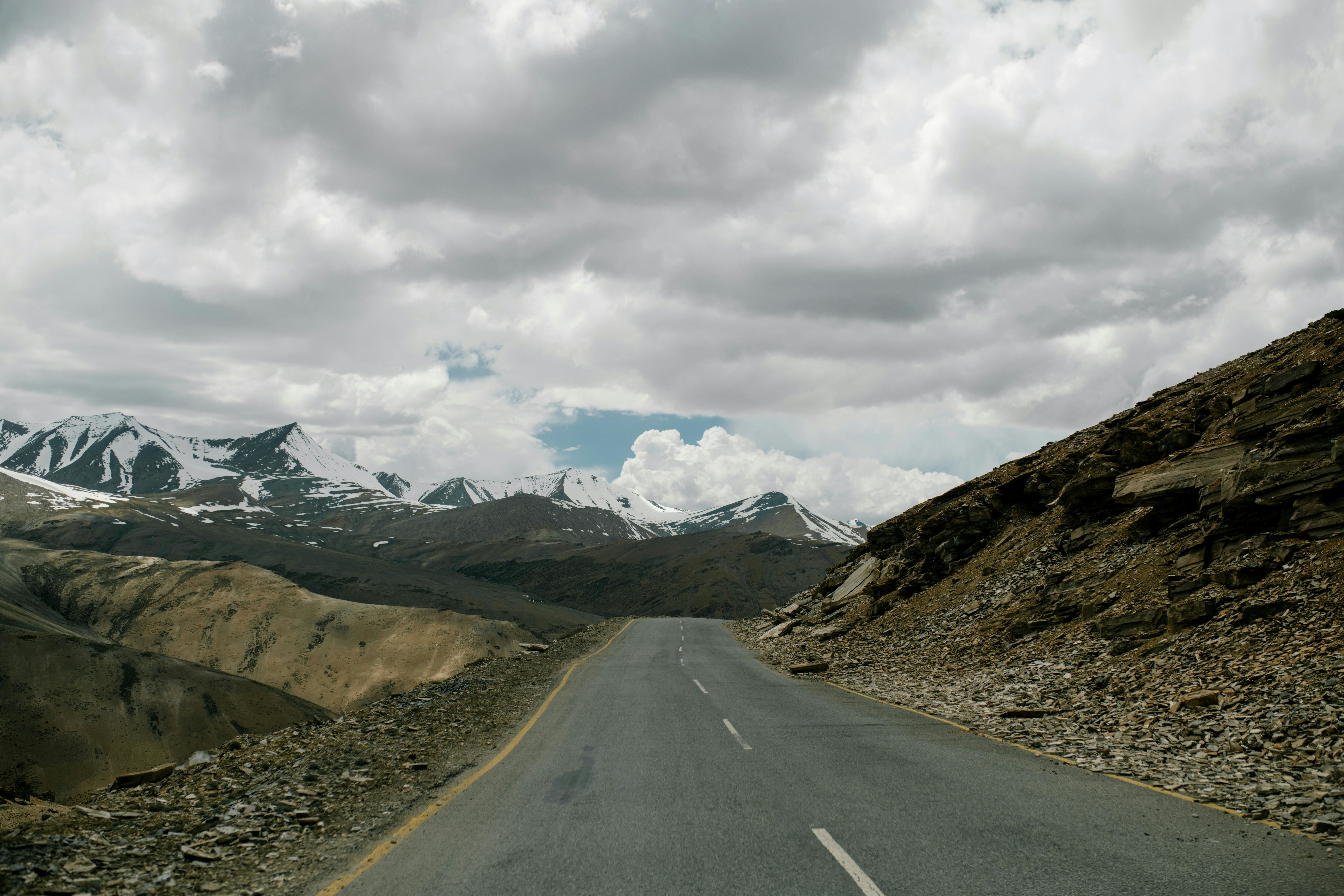 road in ladakh between snowy mountains under cloudy sky