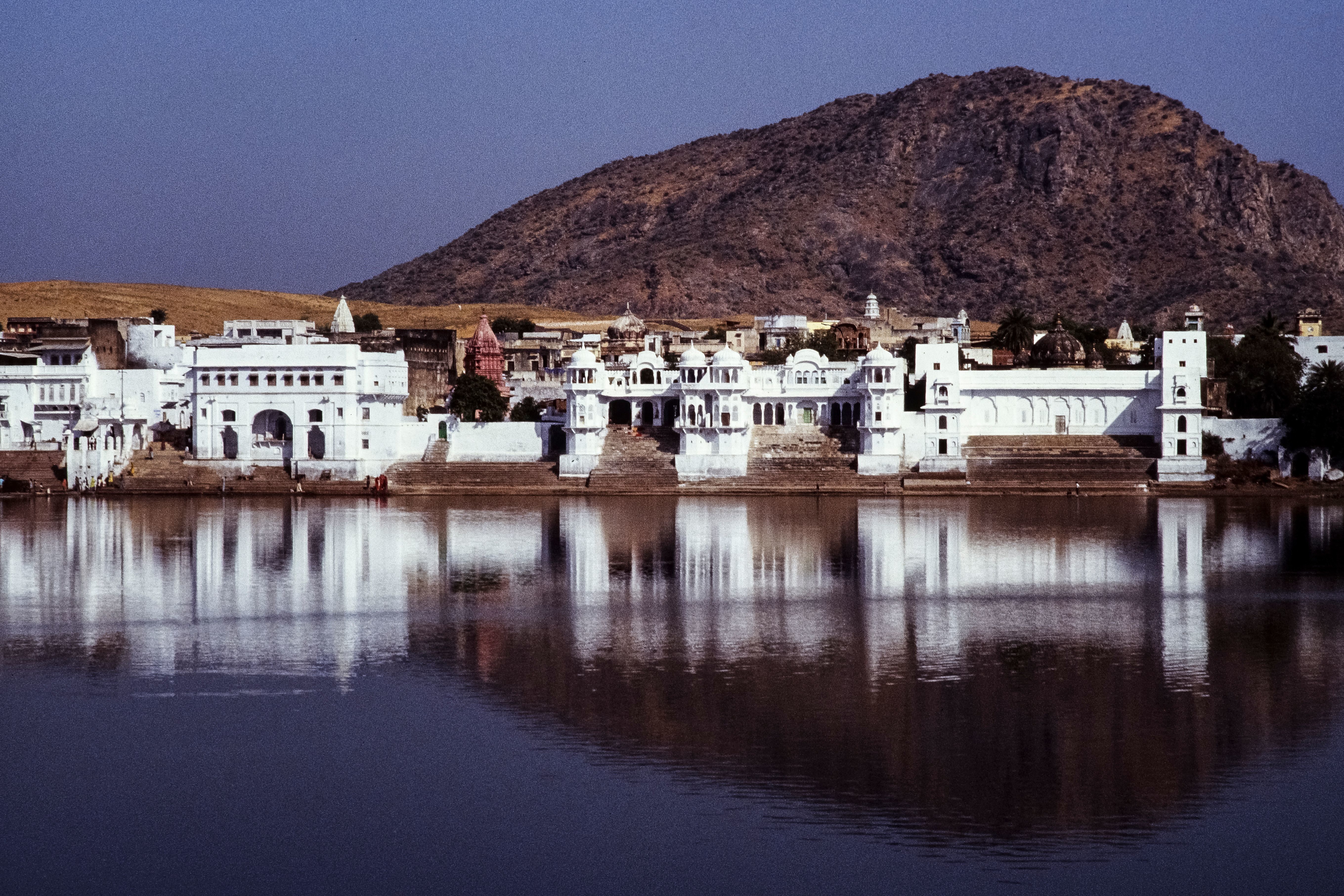 scenic view of pushkar lake and ghats in india