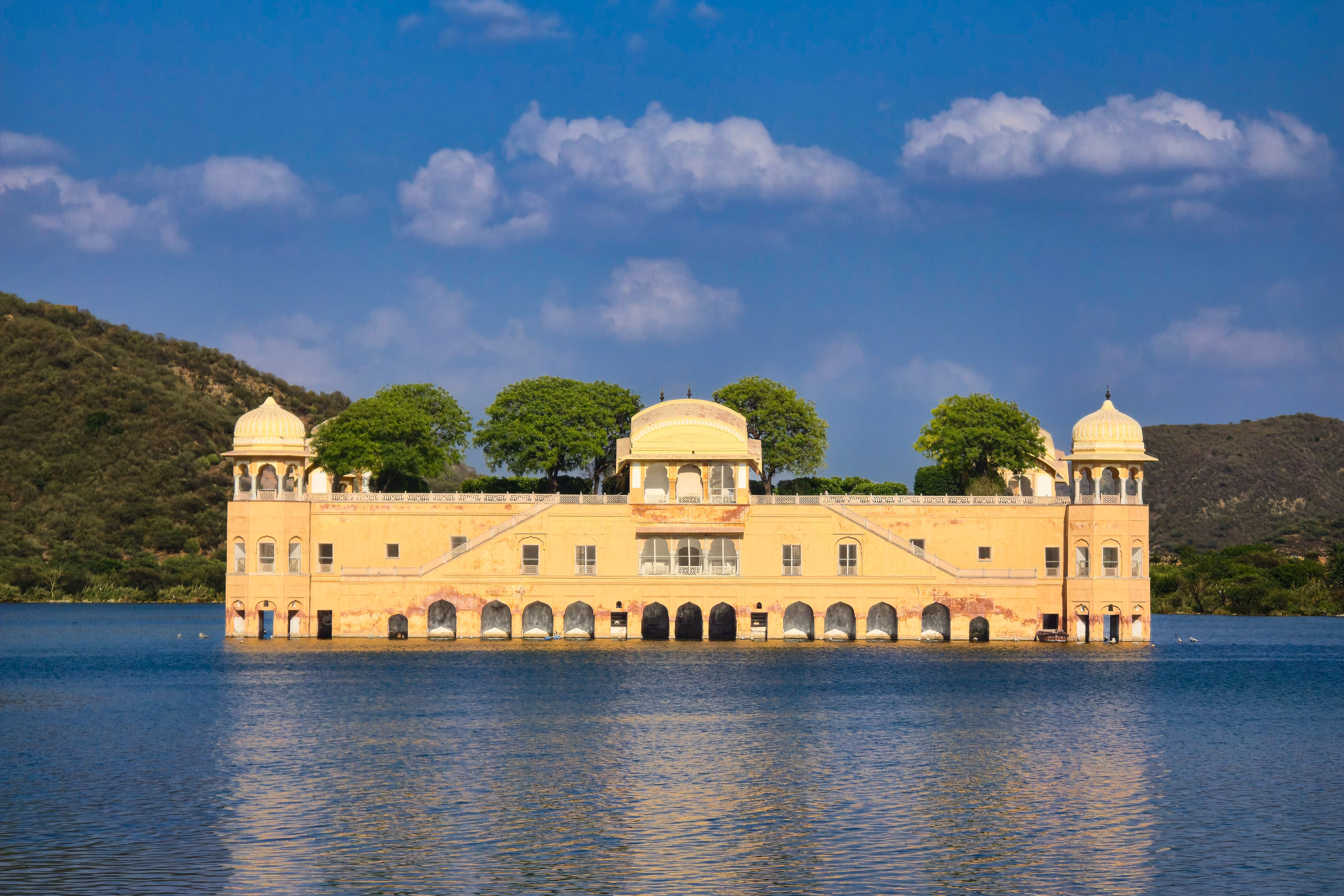 scenic view of the iconic jal mahal palace on the man sagar lake in jaipur