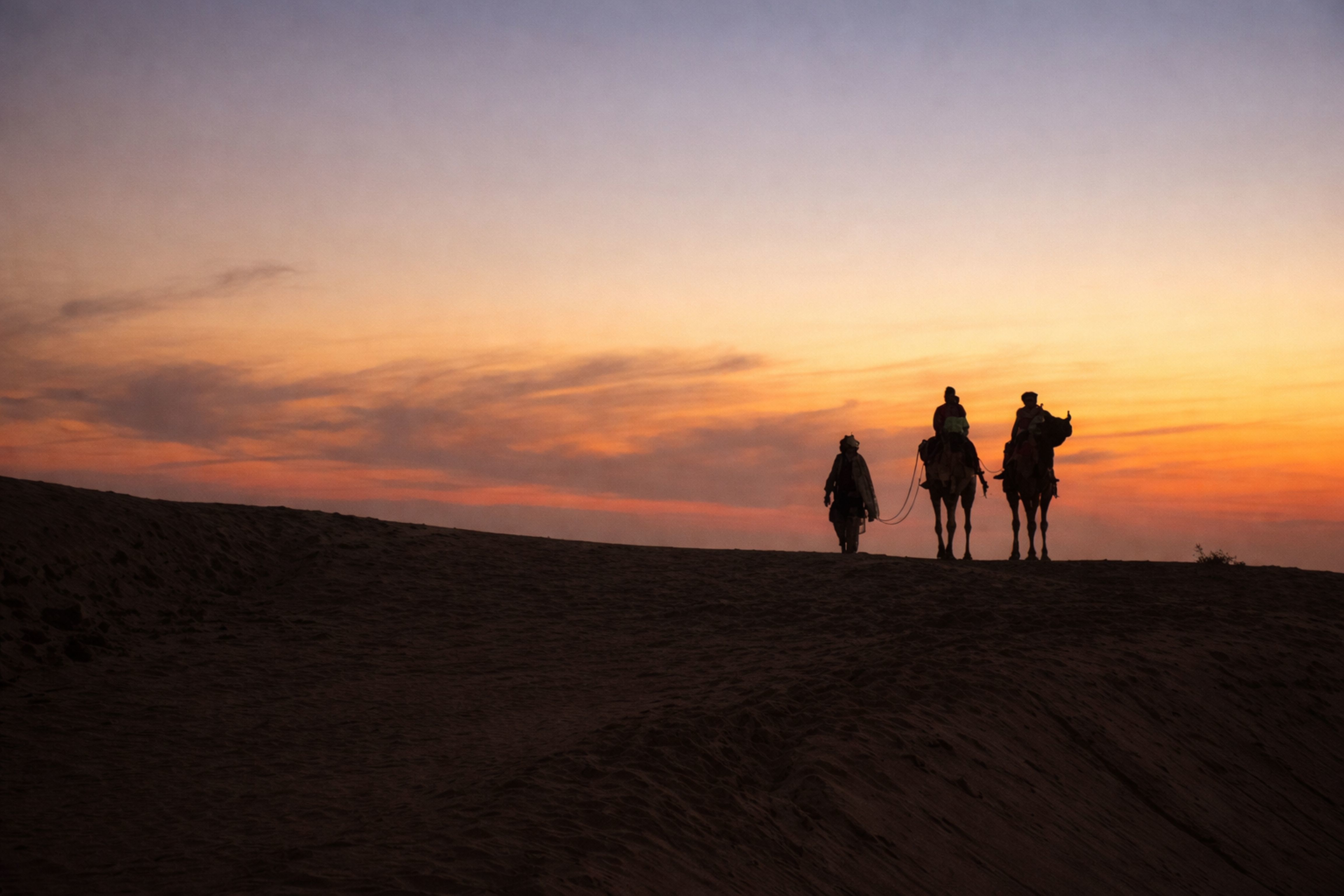 silhouette of camels and riders during sunset in sam rajasthan