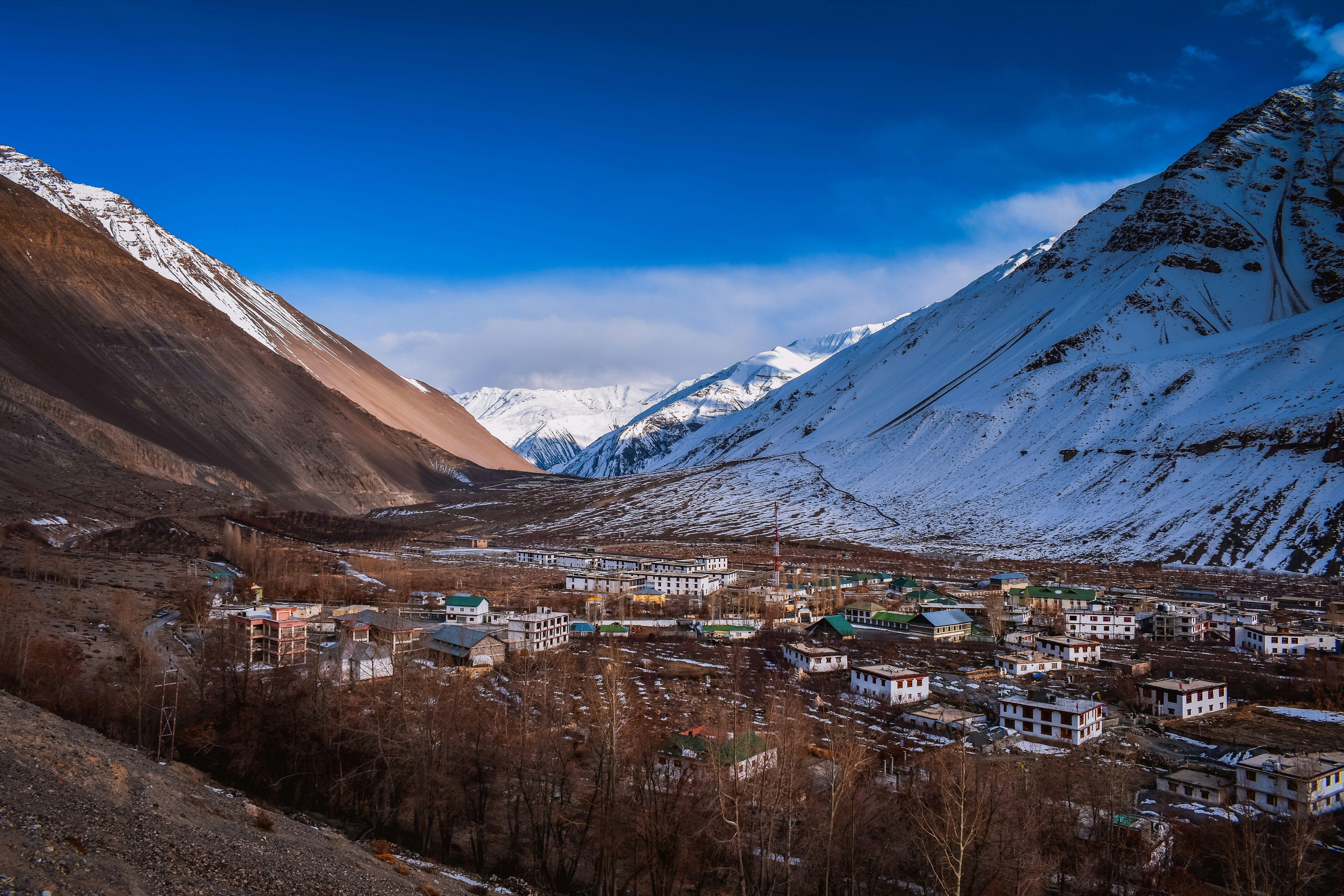 aerial view of tabo town with snow capped mountains surrounding the town