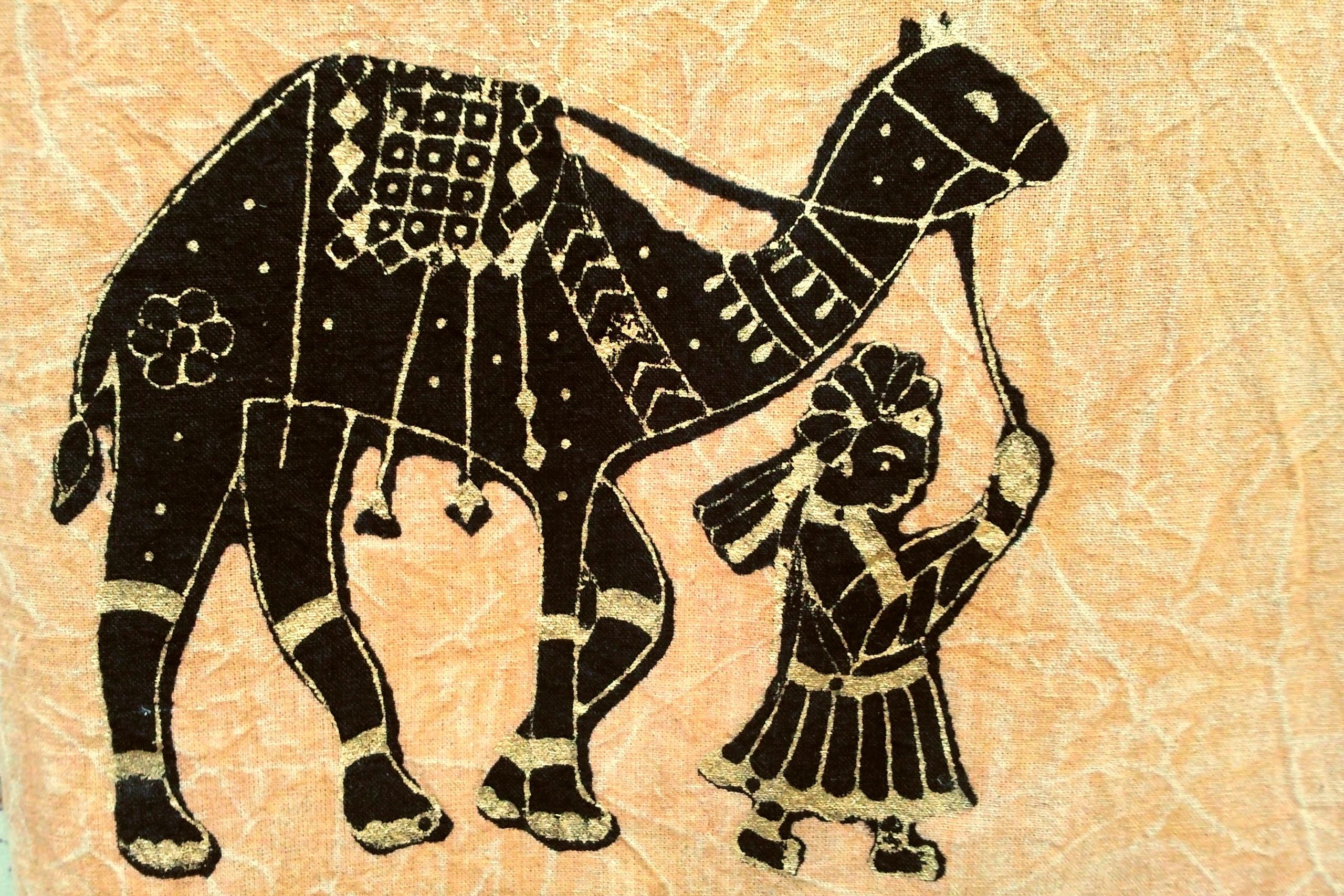textile featuring a black and white illustration of a camel on display in barmer