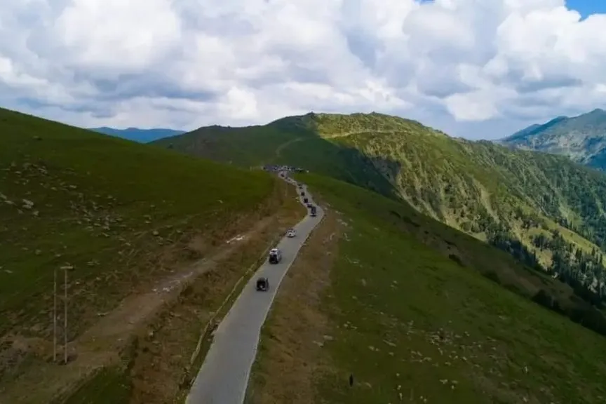 aerial view of vehicles on a road at gurez valley in kashmir