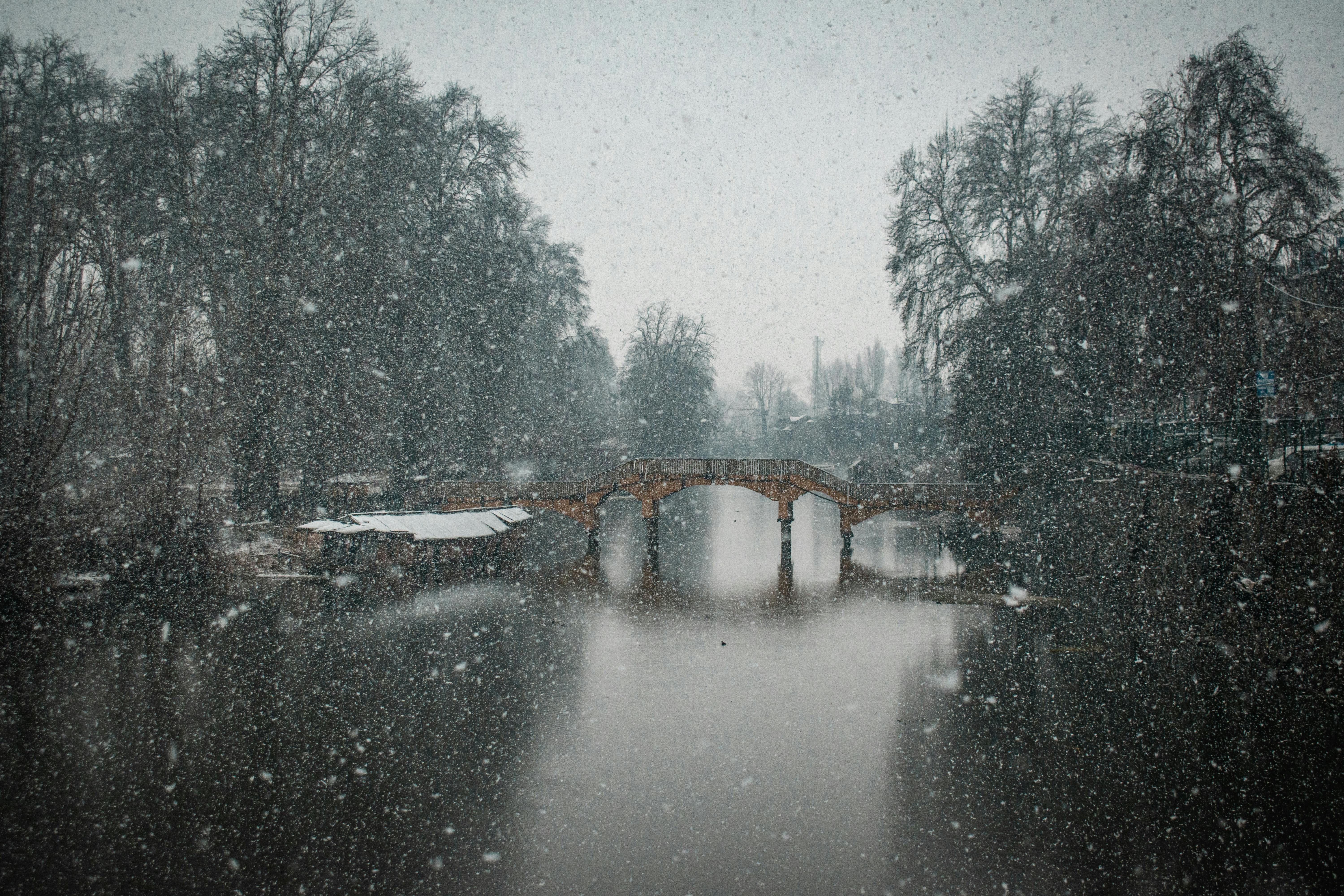 view of a bridge over the river in a park in heavy snow