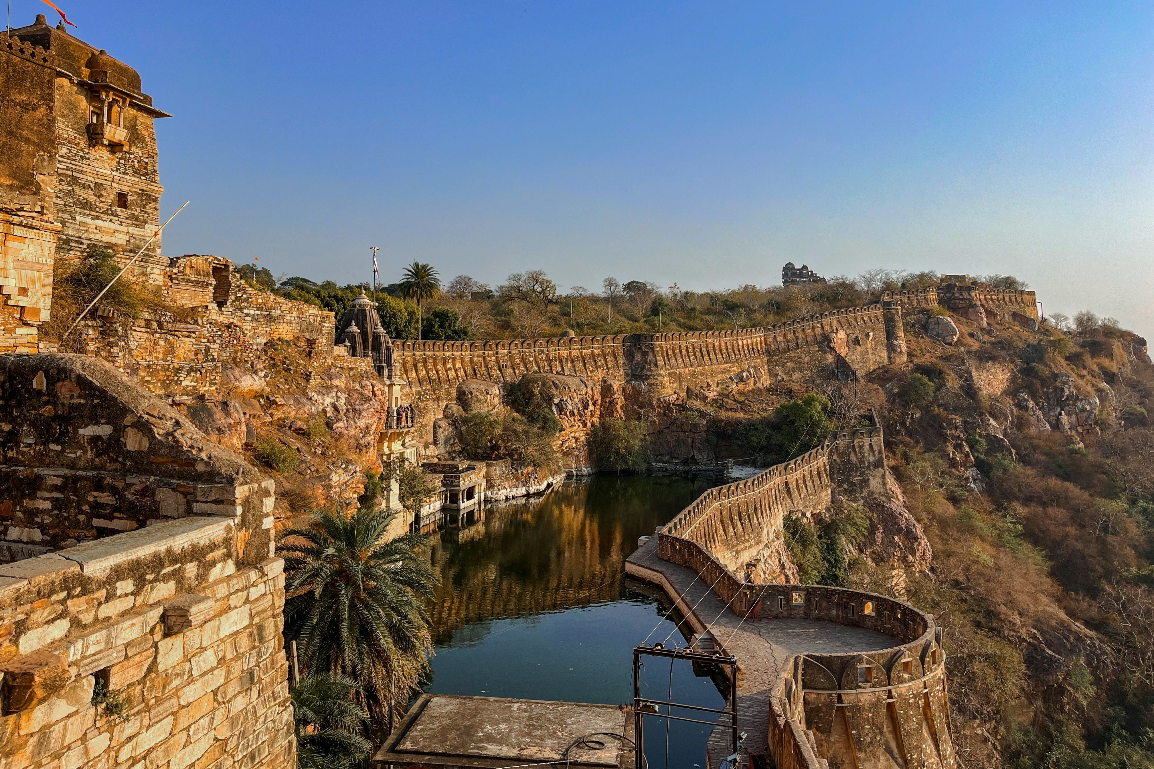 view of a water body running through chittorgarh fort