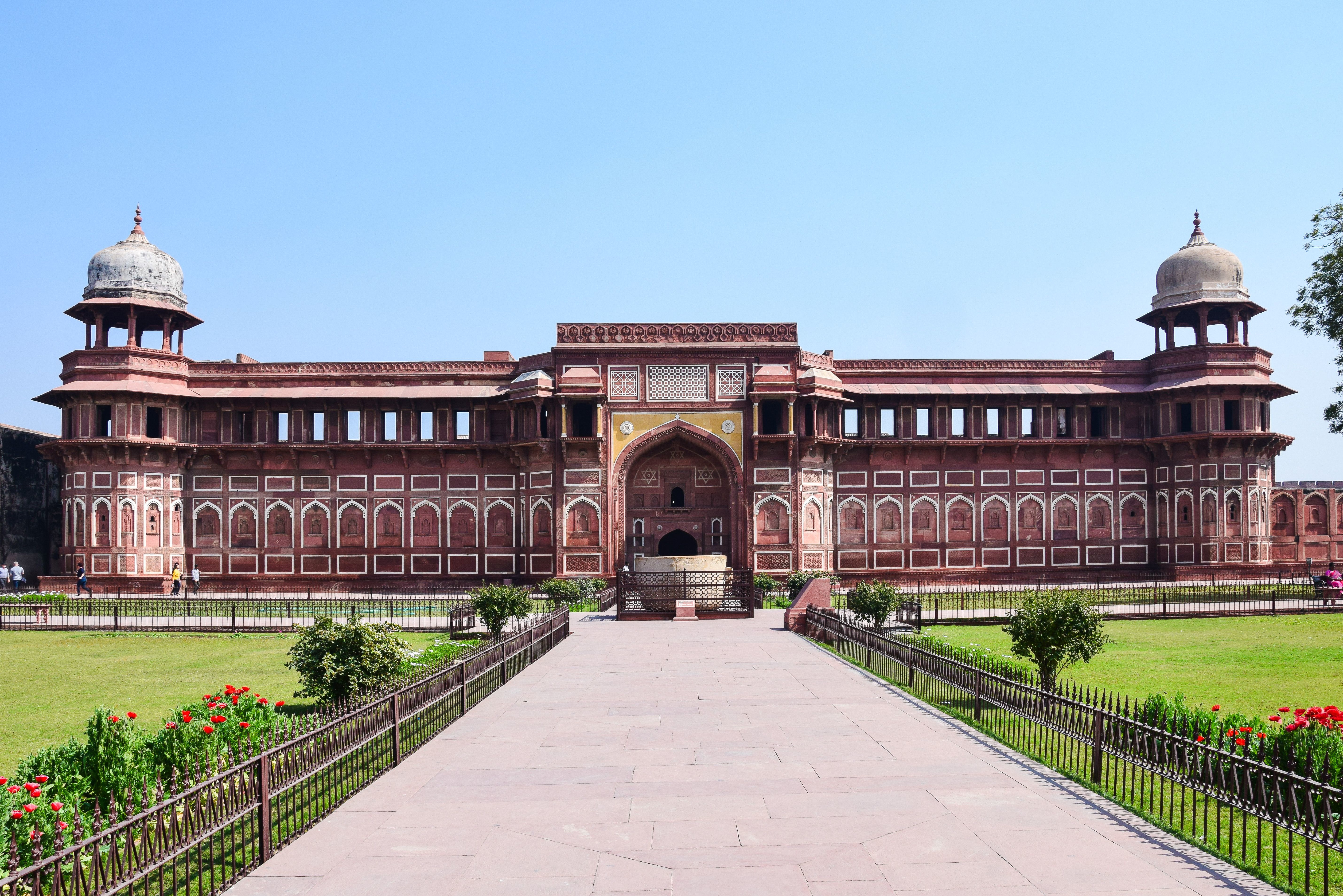 view of the historic agra forts stunning architecture against a clear blue sky