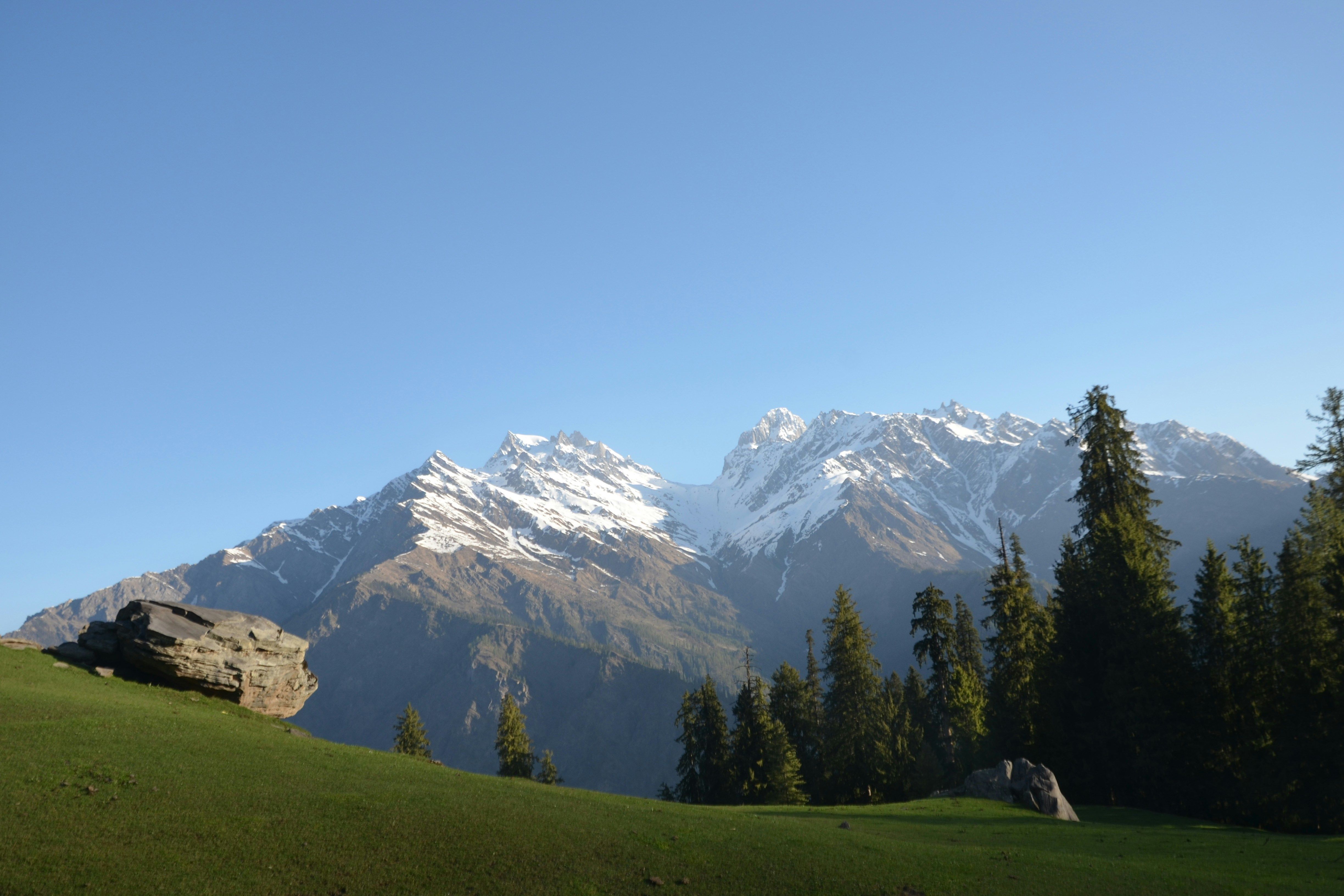 white and green mountains and gray rock near green trees in kasol